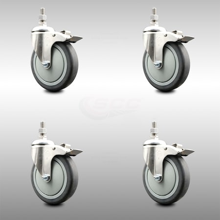 Service Caster 5 Inch 316SS Thermoplastic Rubber Swivel 12mm Stem Caster Set Lock Brake SCC SCC-SS316TSTTL20S514-TPRB-M1215-4
